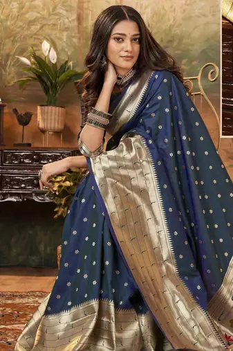 Navy blue silk blend saree with unstitched blouse piece