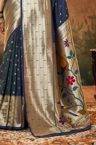 Navy blue silk blend saree with unstitched blouse piece