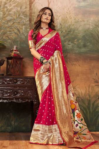 Dark gajari silk blend saree with unstitched blouse piece