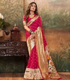 Dark gajari silk blend saree with unstitched blouse piece