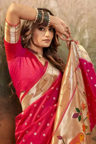 Dark gajari silk blend saree with unstitched blouse piece