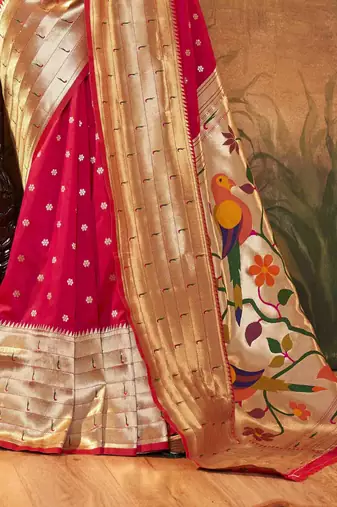Dark gajari silk blend saree with unstitched blouse piece