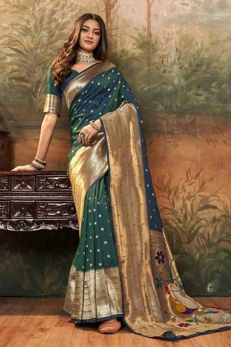 Dark green silk blend saree with unstitched blouse piece