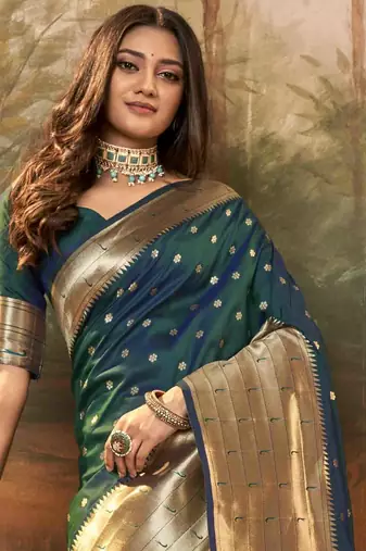 Dark green silk blend saree with unstitched blouse piece