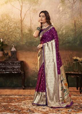 Burgundy silk blend saree with unstitched blouse piece 1