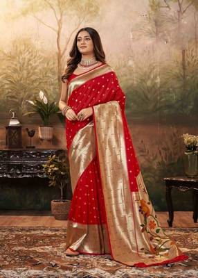 Red silk blend saree with unstitched blouse piece 1
