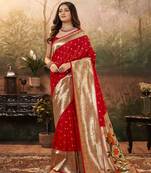 Red silk blend saree with unstitched blouse piece