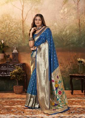 Teal silk blend saree with unstitched blouse piece 1