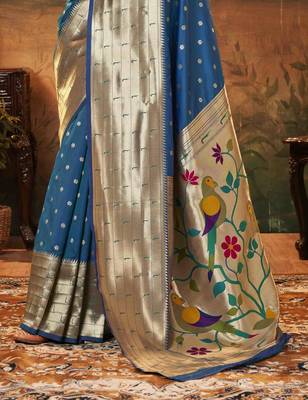 Teal silk blend saree with unstitched blouse piece 3