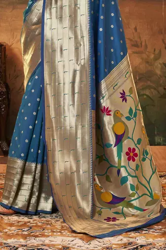 Teal silk blend saree with unstitched blouse piece
