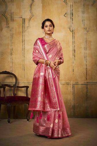 Onion tissue silk blend saree with unstitched tissue blouse piece