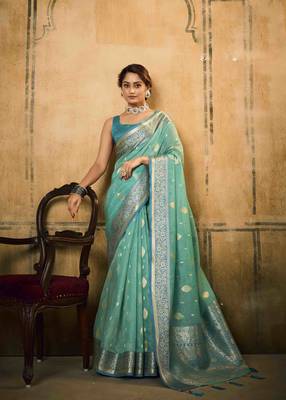 Turquoise tissue silk blend saree with unstitched tissue blouse piece 1
