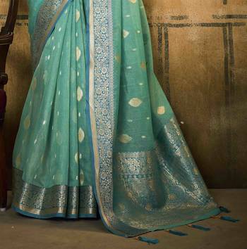 Turquoise tissue silk blend saree with unstitched tissue blouse piece 3