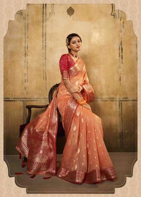 Peach tissue silk blend saree with unstitched tissue blouse piece 1