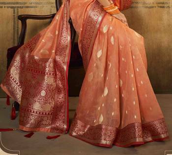 Peach tissue silk blend saree with unstitched tissue blouse piece 3