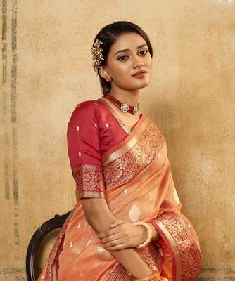Peach tissue silk blend saree with unstitched tissue blouse piece 4