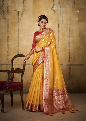 Yellow tissue silk blend saree with unstitched tissue blouse piece 1