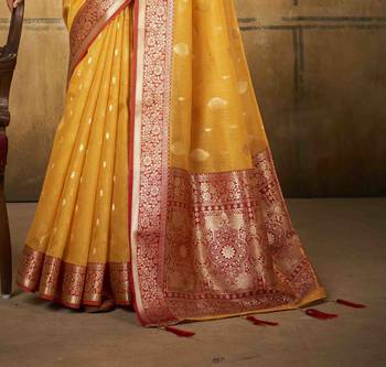 Yellow tissue silk blend saree with unstitched tissue blouse piece 3