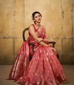 Pink tissue silk blend saree with unstitched tissue blouse piece