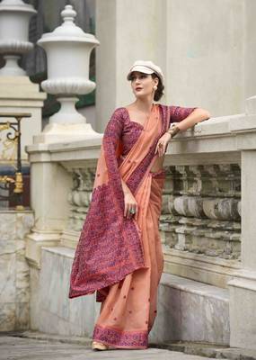 Peach linen cotton saree with unstitched linen cotton blouse piece 1