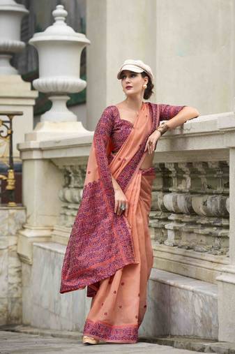 Peach  linen cotton saree with unstitched linen cotton blouse piece
