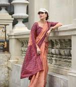 Peach  linen cotton saree with unstitched linen cotton blouse piece