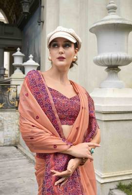 Peach linen cotton saree with unstitched linen cotton blouse piece 2