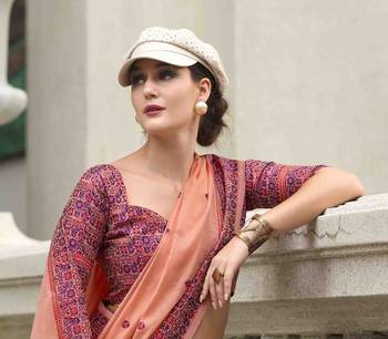 Peach linen cotton saree with unstitched linen cotton blouse piece 3