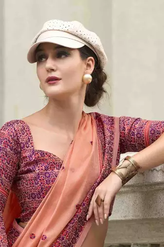 Peach linen cotton saree with unstitched linen cotton blouse piece