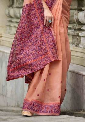 Peach linen cotton saree with unstitched linen cotton blouse piece 4