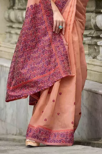 Peach linen cotton saree with unstitched linen cotton blouse piece
