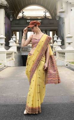 Lemon linen cotton saree with unstitched linen cotton blouse piece 1