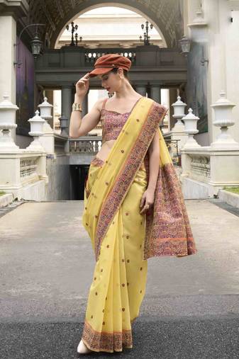 Lemon linen cotton saree with unstitched linen cotton blouse piece