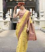 Lemon linen cotton saree with unstitched linen cotton blouse piece