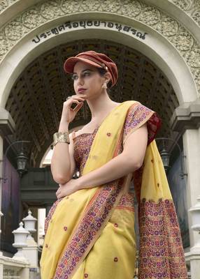 Lemon linen cotton saree with unstitched linen cotton blouse piece 2
