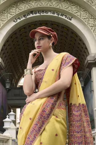 Lemon linen cotton saree with unstitched linen cotton blouse piece