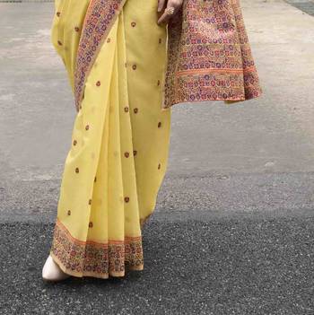 Lemon linen cotton saree with unstitched linen cotton blouse piece 3