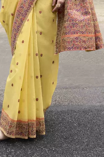 Lemon linen cotton saree with unstitched linen cotton blouse piece