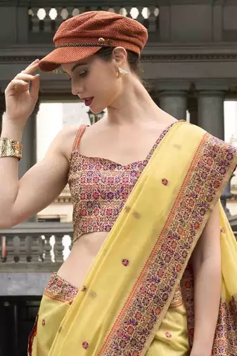 Lemon linen cotton saree with unstitched linen cotton blouse piece