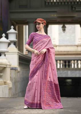 Baby pink linen cotton saree with unstitched linen cotton blouse piece 1