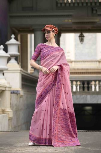 Baby pink linen cotton saree with unstitched linen cotton blouse piece