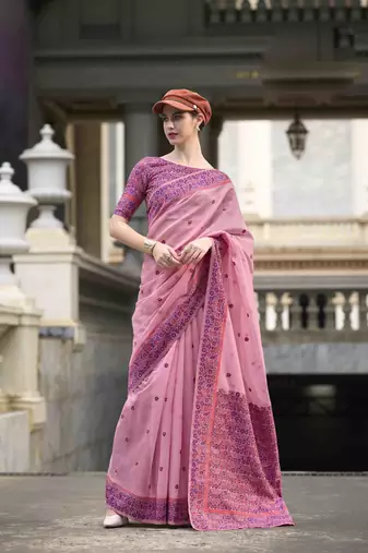 Baby pink linen cotton saree with unstitched linen cotton blouse piece