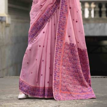 Baby pink linen cotton saree with unstitched linen cotton blouse piece 3