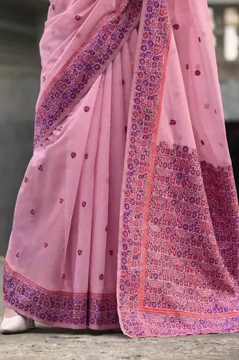Baby pink linen cotton saree with unstitched linen cotton blouse piece