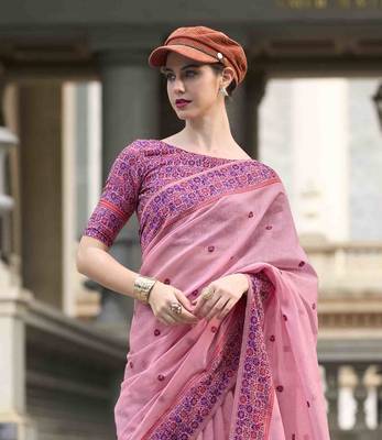 Baby pink linen cotton saree with unstitched linen cotton blouse piece 4
