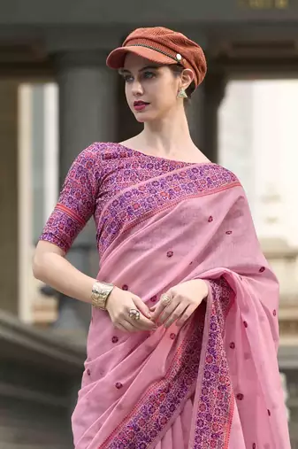 Baby pink linen cotton saree with unstitched linen cotton blouse piece