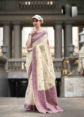 Cream linen cotton saree with unstitched linen cotton blouse piece 1