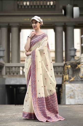 Cream linen cotton saree with unstitched linen cotton blouse piece