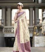 Cream linen cotton saree with unstitched linen cotton blouse piece