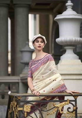 Cream linen cotton saree with unstitched linen cotton blouse piece 2